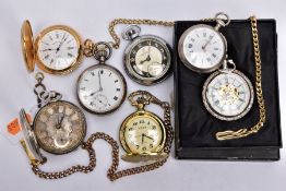 A BOX OF ASSORTED POCKET WATCHES, to include a silver open faced pocket watch, decorative silver and