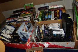 FIVE BOXES OF VARIOUS GAMING ITEMS, to include Sony Play Station console, various PS2 games, Grand