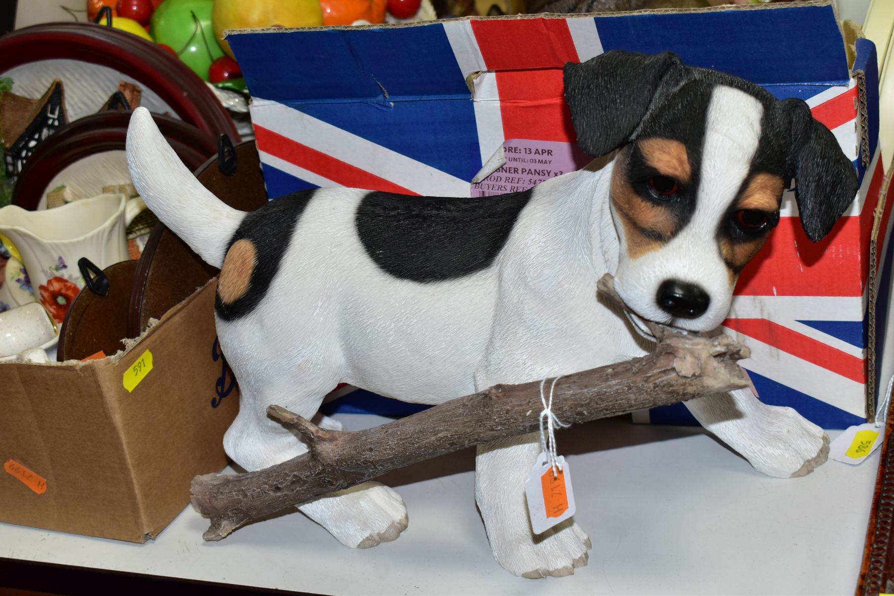 THREE BOXES AND LOOSE CERAMICS, GLASSWARE, etc, including a resin figure of a Jack Russell puppy - Image 2 of 10