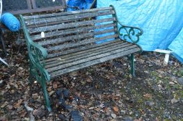 A WROUGHT IRON AND TEAK SLATTED GARDEN BENCH, width 126cm