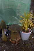A CIRCULAR TAPERED GLAZED PLANT POT, diameter 51cm x height 42cm, along with a cordyline plant,