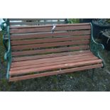 `A GREEN PAINTED METAL AND TEAK SLATTED GARDEN BENCH, width 125cm