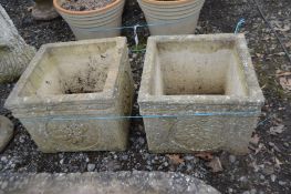 A PAIR OF SQUARE COMPOSITE GARDEN PLANTERS, marked Sandford Stone, 36cm square x heigh 28cm