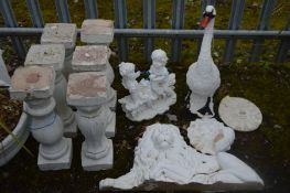 A QUANTITY OF WHITE PAINTED COMPOSITE GARDEN ITEMS, to include a swan, wall figure of a male lion,