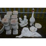 A QUANTITY OF WHITE PAINTED COMPOSITE GARDEN ITEMS, to include a swan, wall figure of a male lion,