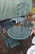 A GREEN PAINTED ALUMINIUM GARDEN TABLE, diameter 81cm x height 68cm and four matching chairs (5)