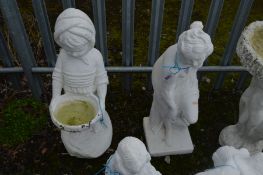 A WHITE PAINTED COMPOSITE GARDEN STATUE of a girl holding a bowl, height 86cm and a painted