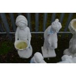 A WHITE PAINTED COMPOSITE GARDEN STATUE of a girl holding a bowl, height 86cm and a painted