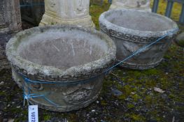 A NEAR PAIR OF COMPOSITE GREEK STYLE GARDEN PLANTERS, diameter 46cm x height 26cm