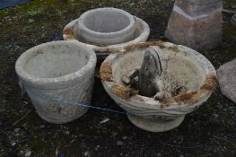 A PAIR OF CIRCULAR TAPERED PLANTERS, diameter 43cm, along with three other planters and a figure