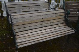 A PAIR OF METAL TEAK SLATTED BENCHES, width 127cm (rickety)