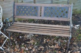 AN ALUMINIUM AND HARDWOOD SLATTED GARDEN BENCH, width 120cm