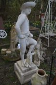A LARGE COMPOSITE STATUE OF A MALE GARDENER, on a separate square plinth base, height 165cm x height