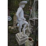 A LARGE COMPOSITE STATUE OF A MALE GARDENER, on a separate square plinth base, height 165cm x height