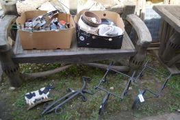 A QUANTITY OF METAL MISCELLANEOUS, to include two boxes with various ornaments, chamber pots etc,