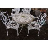 A WHITE PAINTED ALUMINIUM CIRCULAR GARDEN TABLE, diameter 69cm x height 64cm (base needs