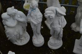 A WHITE PAINTED COMPOSITE GARDEN STATUE of a classical male and female, height 73cm, and two other