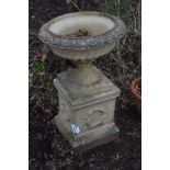 A LARGE COMPOSITE CAMPAGNA GARDEN URN, on a separate square plinth diameter 66cm x overall height