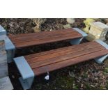 A PAIR OF STEEL ENDED FLAT PARK BENCHES with teak slates, length 201cm x depth 47cm x height 43cm