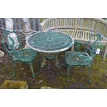 A CIRCULAR GREEN PAINTED ALUMINIUM GARDEN TABLE, diameter 81cm x height 68cm and a pair of armchairs