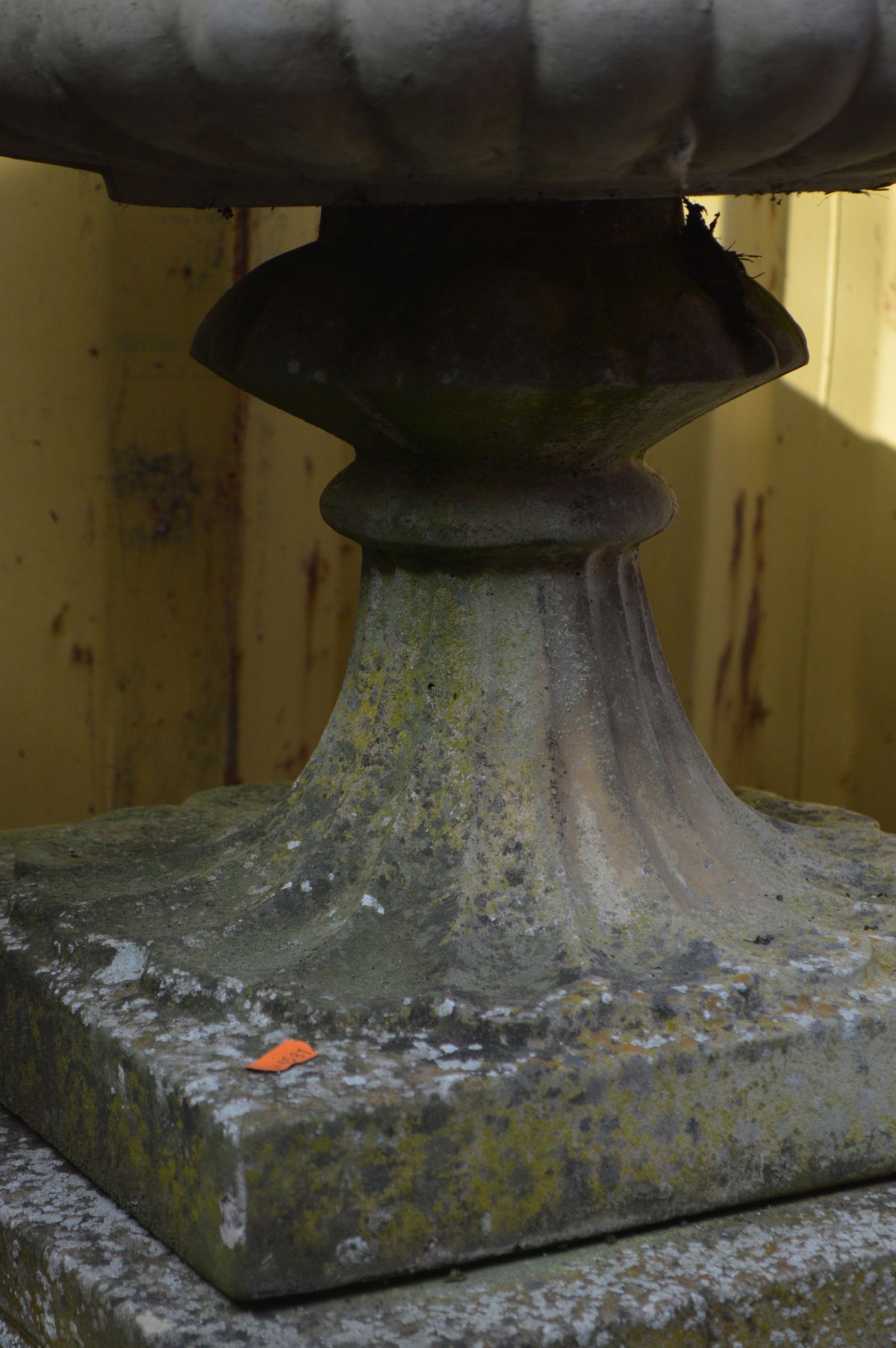 A LARGE WEATHERED RECONSTITUTED STONE CAMPANA GARDEN URN, on a separate square plinth base, diameter - Image 3 of 3