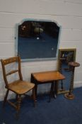 AN EDWARDIAN WALNUT SUTHERLAND TABLE, along with a beech bar back chair, oak barley twist torchere