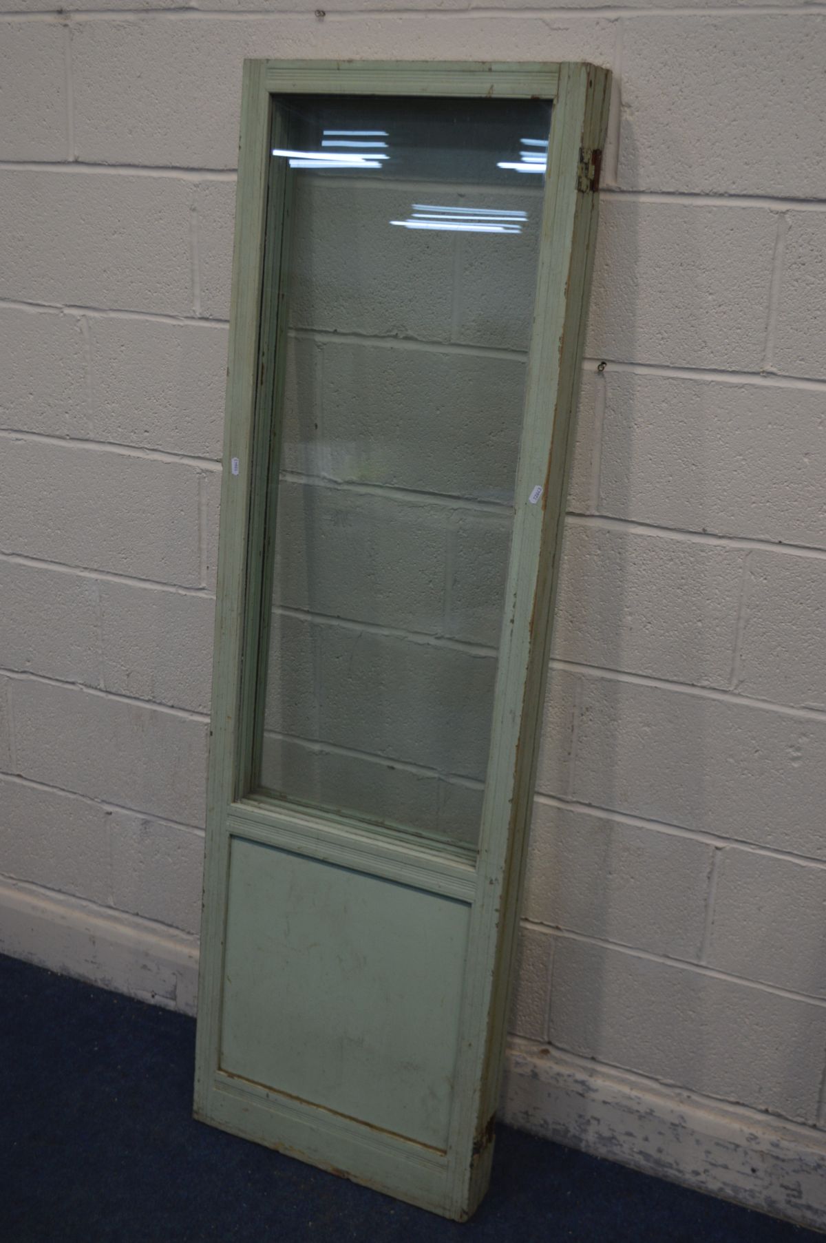 AN EDWARDIAN FOUR FOLDING FLOOR STANDING SCREEN, painted in lime green, with glazed panels, length - Image 3 of 3