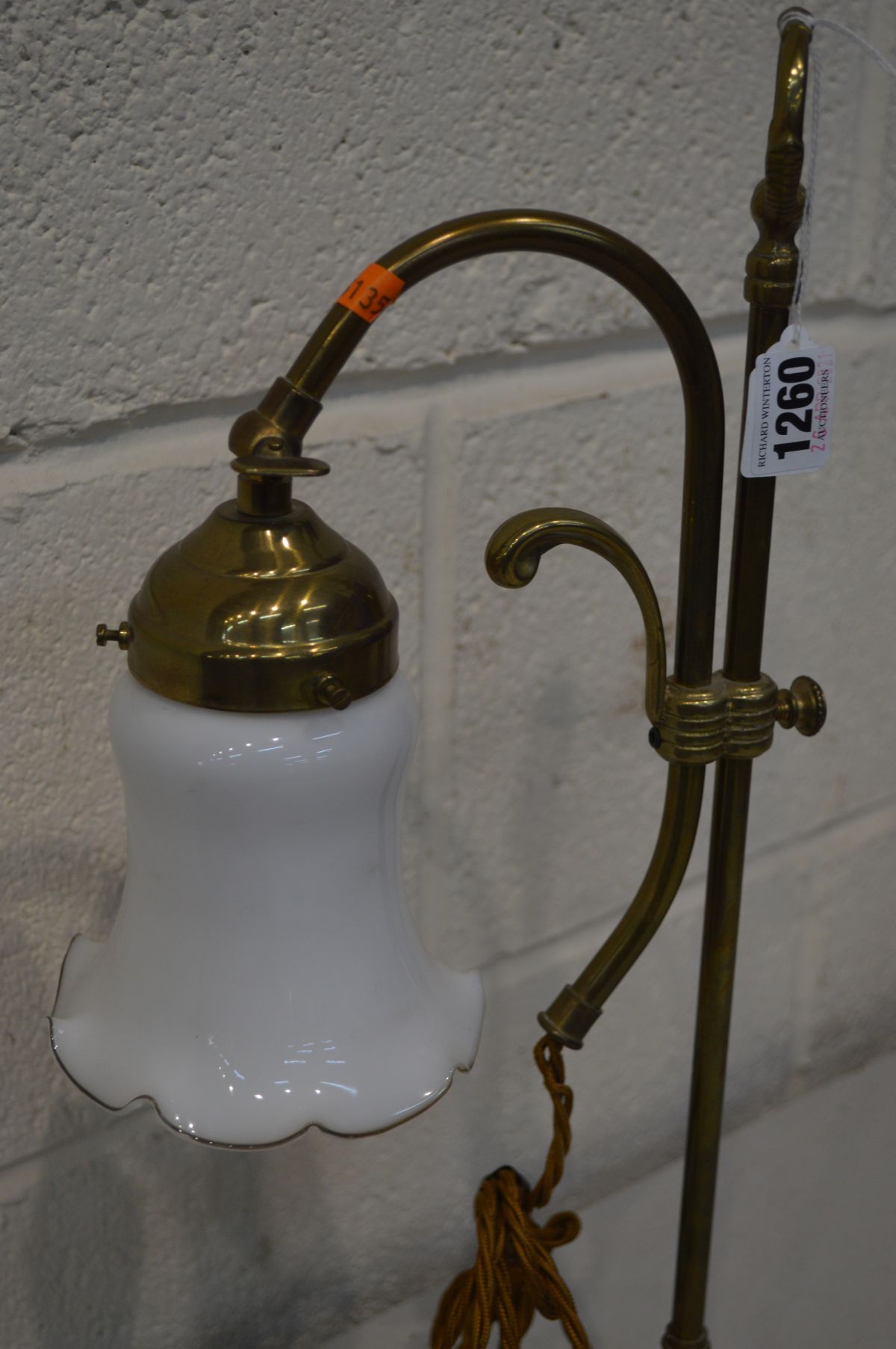A BRASS SINGLE BRANCH ADJUSTABLE TABLE LIGHT, with a shaped white glass shade - Image 2 of 2