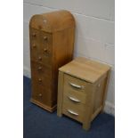A MODERN LIGHT OAK THREE DRAWER BEDSIDE CHEST, and a tall bespoke chest of eight assorted drawers (