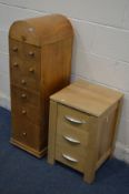 A MODERN LIGHT OAK THREE DRAWER BEDSIDE CHEST, and a tall bespoke chest of eight assorted drawers (