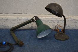 A VINTAGE INDUSTRIAL GOOSENECK DESK LAMP and a green enamelled industrial lamp (2)