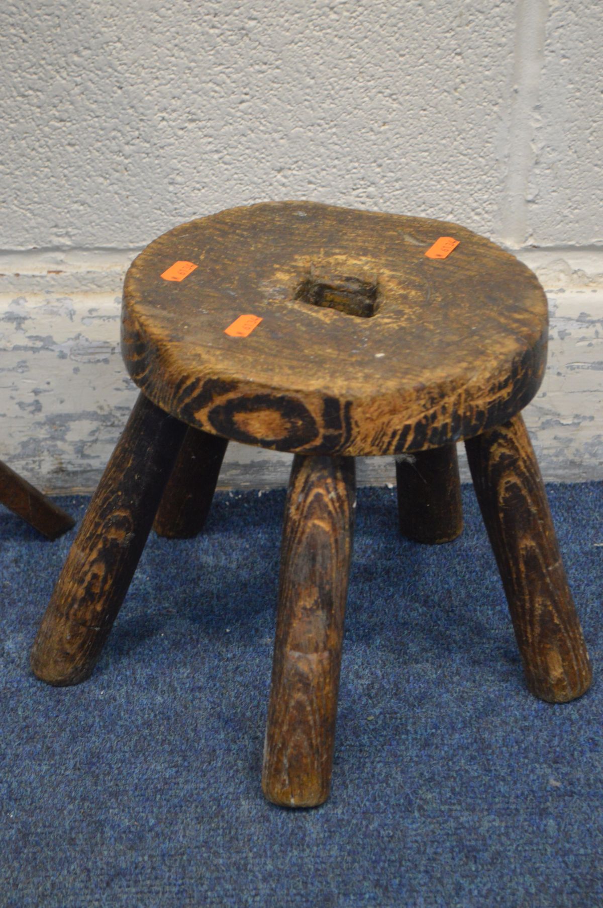AN INDUSTRIAL OAK TOPPED STOOL, height 56cm and an elm five legged milking stool (2) - Image 3 of 4
