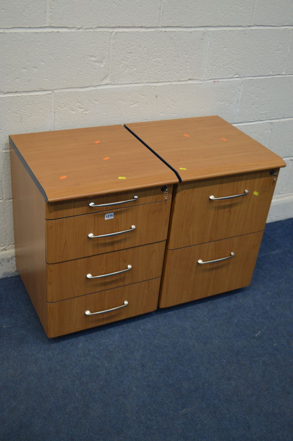 TWO BEECH FINISH FILING CABINETS, on casters (both with two keys)