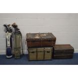THREE VINTAGE TRUNKS, to include a fabric and wooden trunk, tin trunk, etc (Sd) along with two