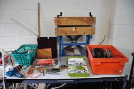 TWO TRAYS CONTAINING POWER AND HAND TOOLS including a Bosch Orbital Sander, a Black and Decker