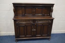 AN OAK COURT CUPBOARD, width 138cm x depth 49cm x height 138cm