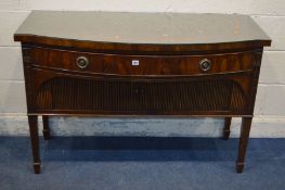 A GILL AND REIGATE OF LONDON MAHOGANY BOW FRONT SIDEBOARD/SERVING TABLE, with a single frieze