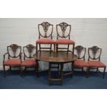 A SET OF SIX MAHOGANY PRINCE OF WALES BACK DINING CHAIRS, including one carver, together with an oak