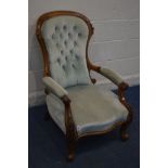 A LATE VICTORIAN WALNUT OPEN ARMCHAIR with duck egg blue upholstery