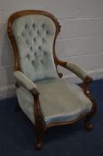 A LATE VICTORIAN WALNUT OPEN ARMCHAIR with duck egg blue upholstery