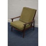 A GUY RODGERS MODEL NEW YORKER AFROMOSIA ARMCHAIR with green cushions