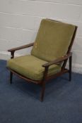 A GUY RODGERS MODEL NEW YORKER AFROMOSIA ARMCHAIR with green cushions