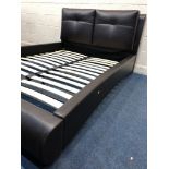 A BROWN LEATHER 5FT BEDSTEAD with a padded headboard, side rails and wooden slats (footboard