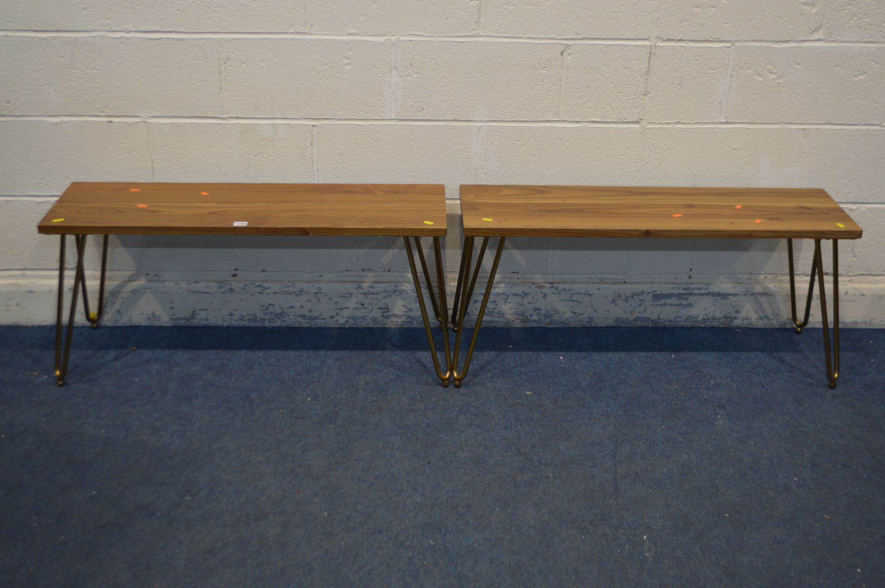 A PAIR OF MODERN OAK BENCHES, on brassed hairpin legs