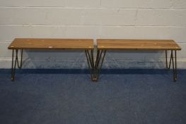 A PAIR OF MODERN OAK BENCHES, on brassed hairpin legs