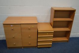 A PAIR OF BEECH THREE DRAWER BEDSIDE CABINETS, along with a four drawer filing cabinet and an open