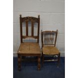 AN EARLY 20TH CENTURY CARVED OAK HALL CHAIR, and a spindle back rush seated chair (2)
