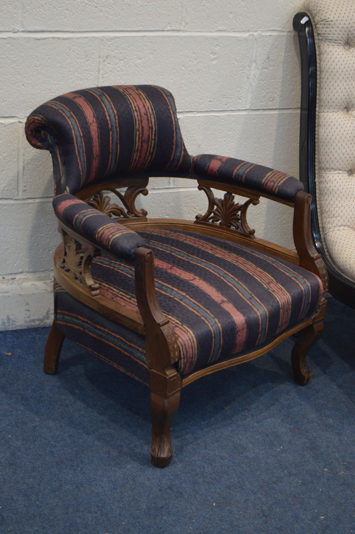 AN EDWARDIAN EBONISED SCROLLED CHAIR, along with an Edwardian mahogany tub chair and another - Image 4 of 4