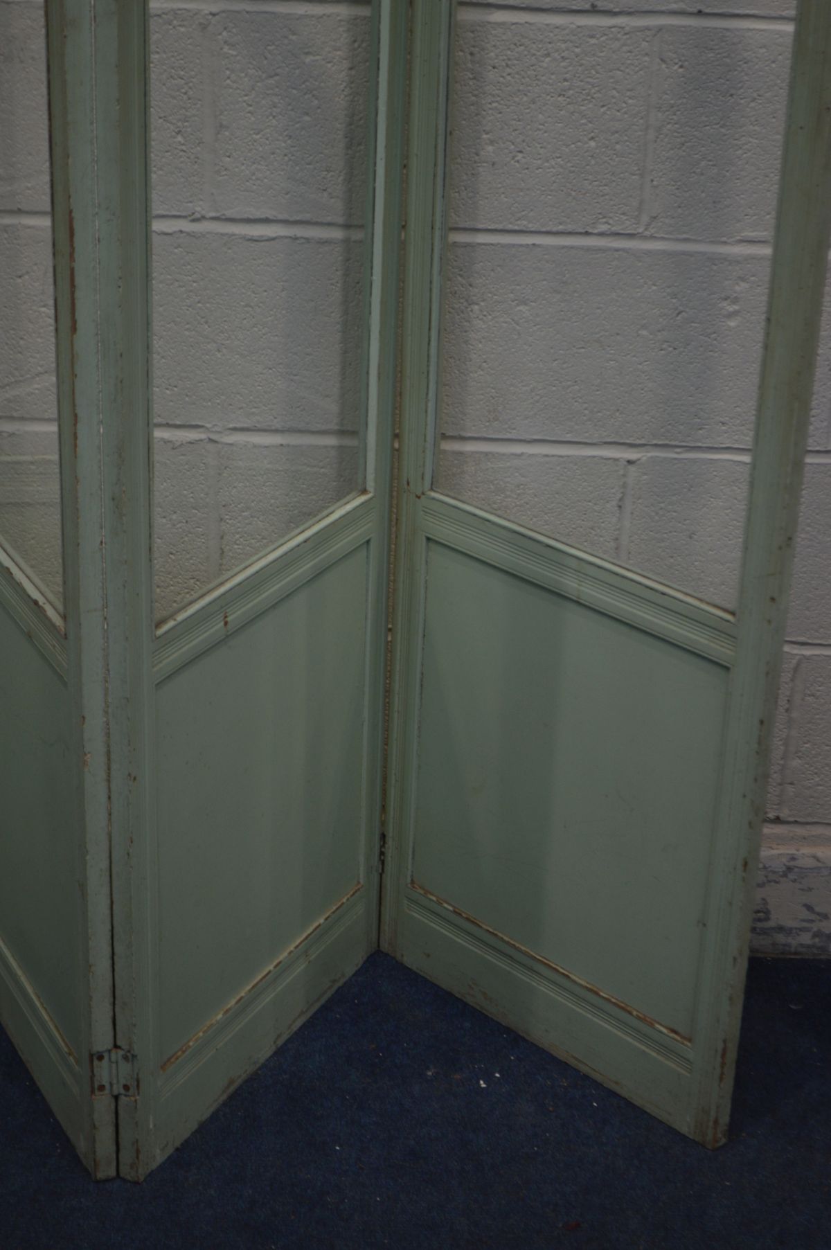 AN EDWARDIAN FOUR FOLDING FLOOR STANDING SCREEN, painted in lime green, with glazed panels, length - Image 2 of 3
