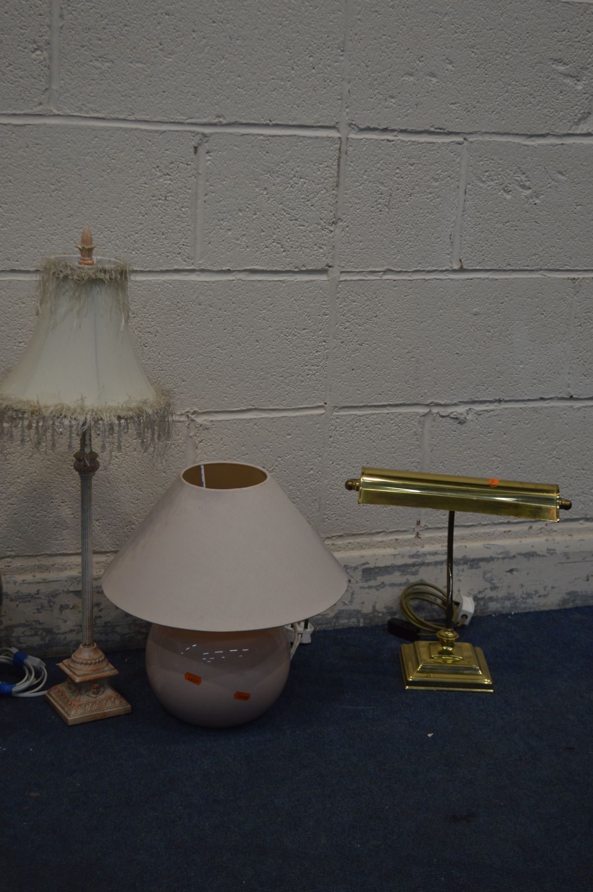 THREE ORIENTAL CERAMIC TABLE LAMPS, with fabric shades, along with a brass bankers lamp and two - Image 3 of 4